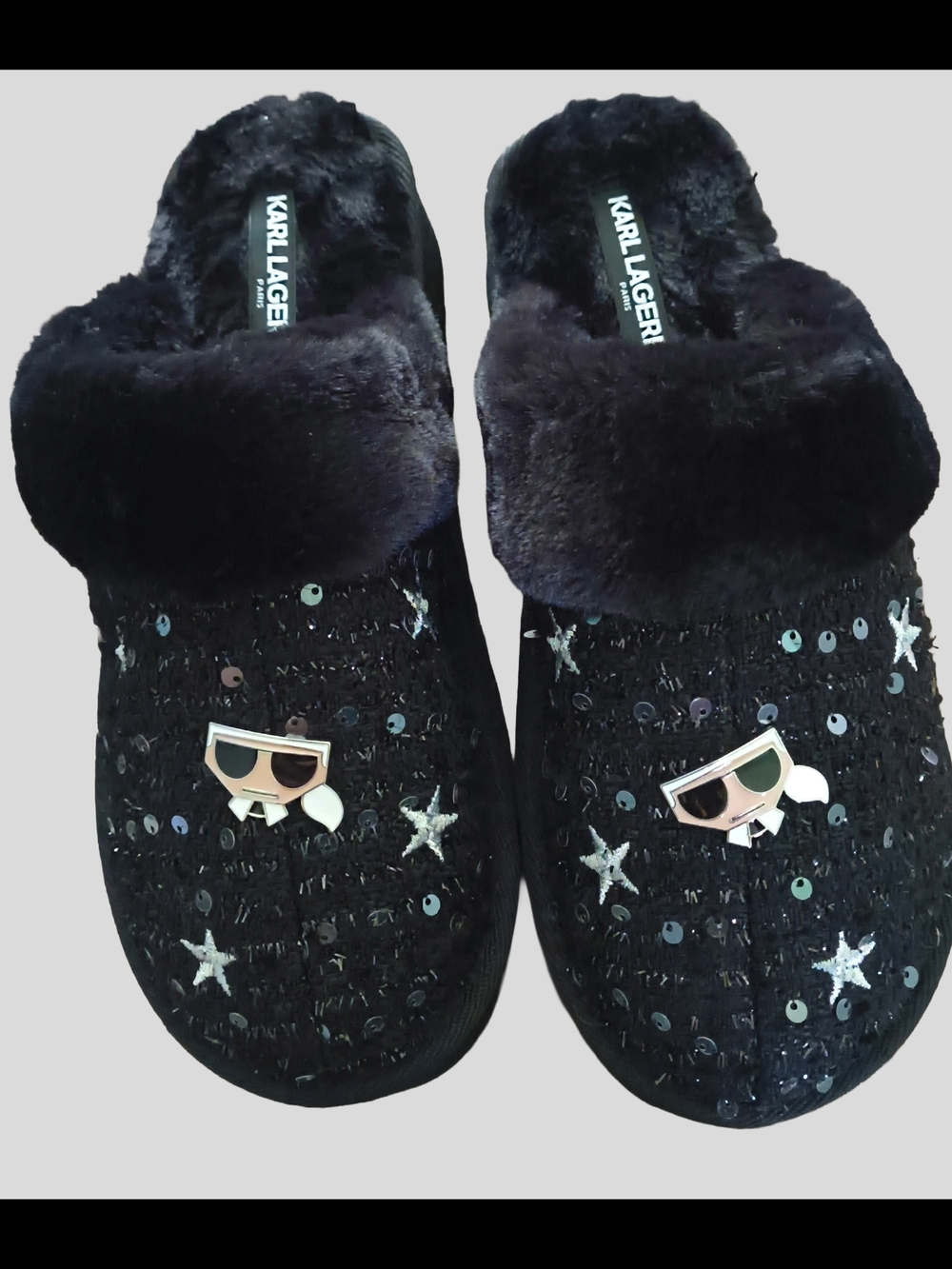 Karl Lagerfeld Women's Black Sequin Star Slip-On Slippers